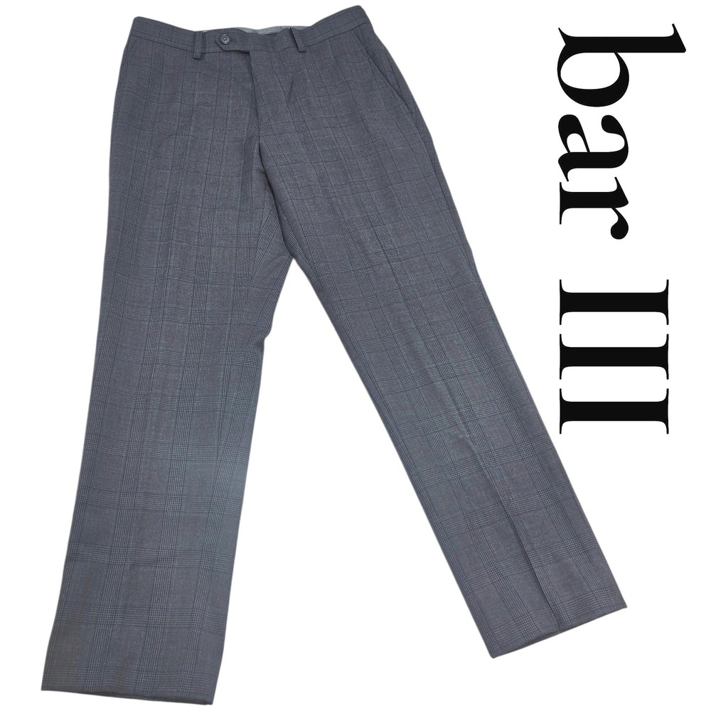 Bar III Dress Pants Men 31x30 Gray Wool Blend Slim Fit Glen Plaid Classic Modern